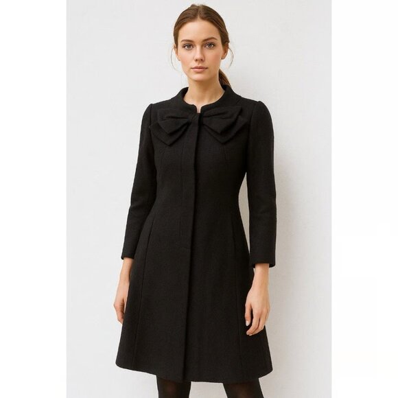 Vtg Y2K ELEVENSES Anthropologie Wool Blend Bow Dress Coat Black Size 2